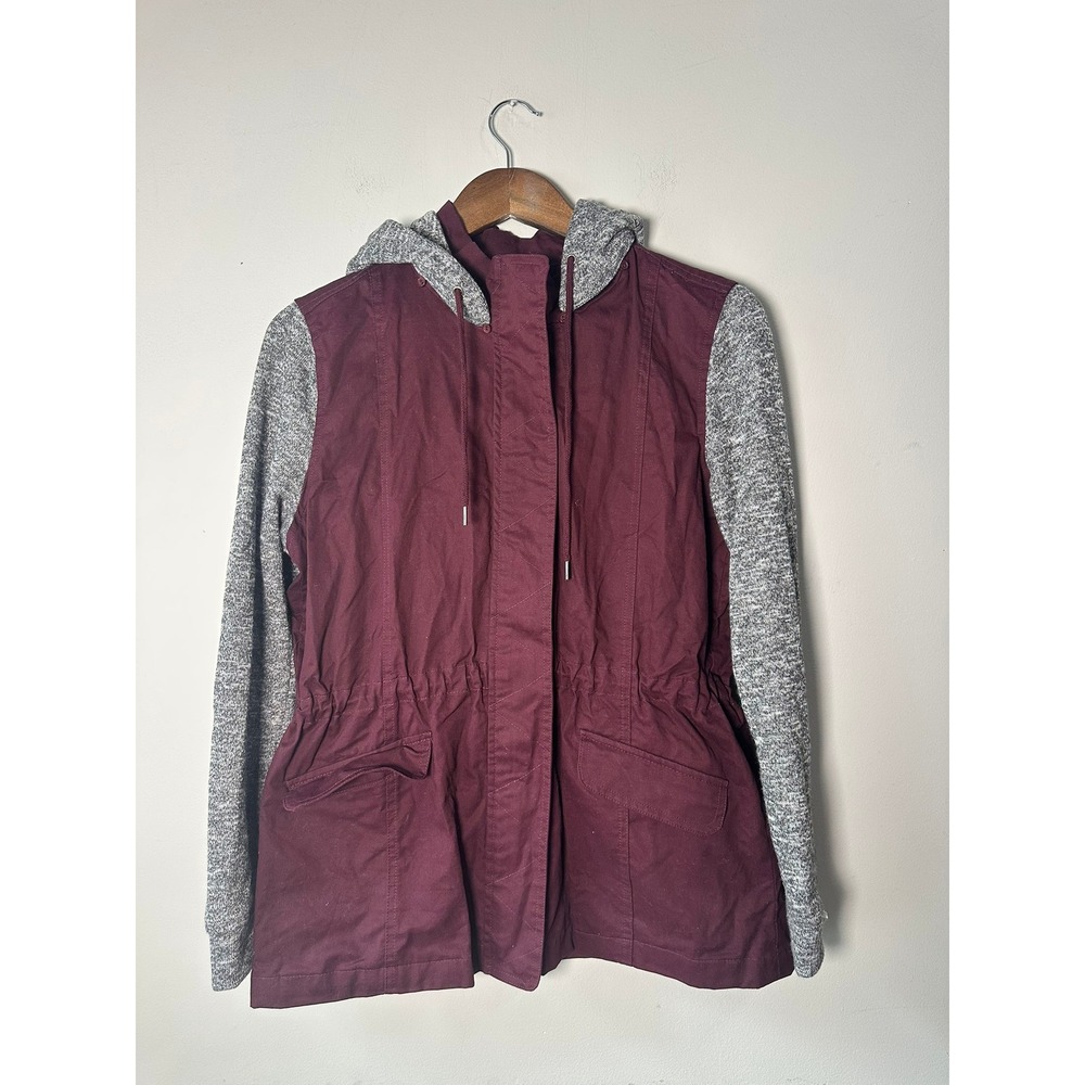 Love Tree Burgundy Utility Jacket Gray Marl Knit Sleeves Hooded Large